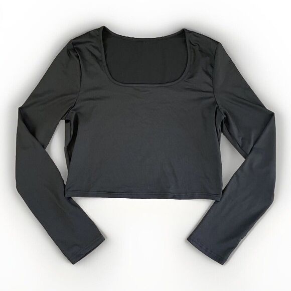 YOZY Black Long Sleeve Crop Top SIZE XL Brand New Scoop Neck Polyester Stretchy - Picture 1 of 6